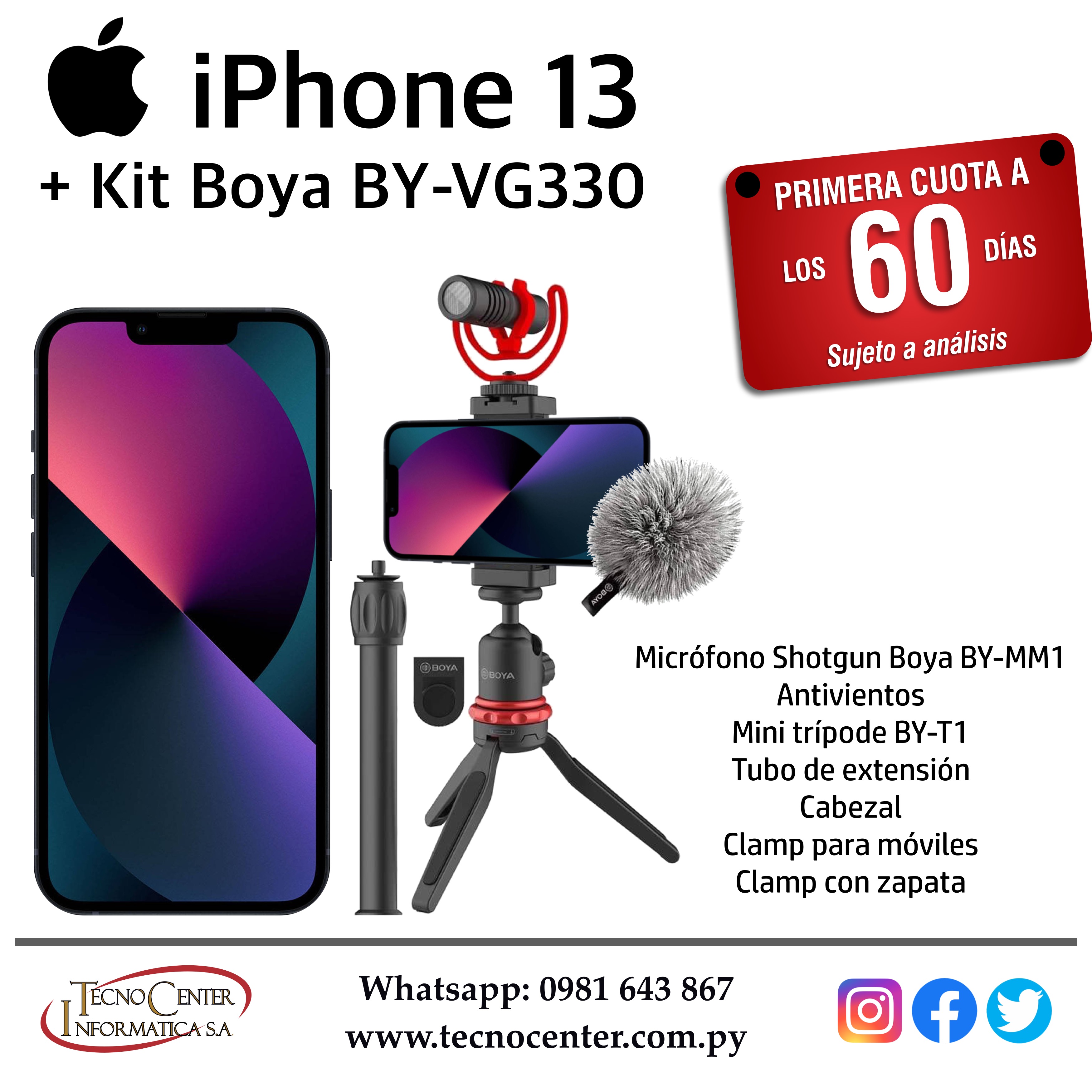iPhone 13 128 GB + Kit Boya BY-VG330.